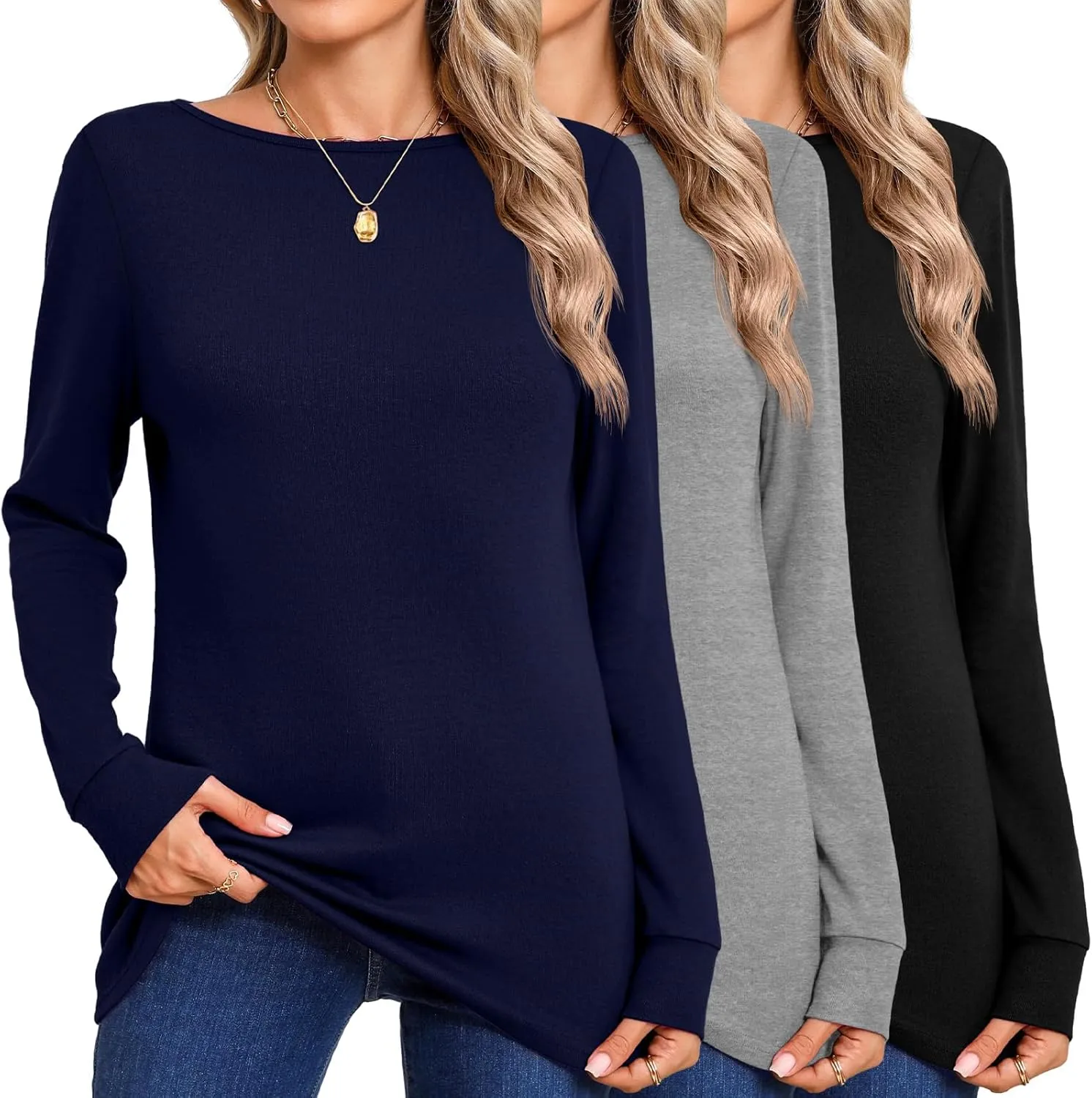Huukeay 3 Pack Women's Long Sleeve Shirts Cotton Boat Neck Tee Basic Casual Tunic Top Loose Fit Outfits Clothes with Leggings