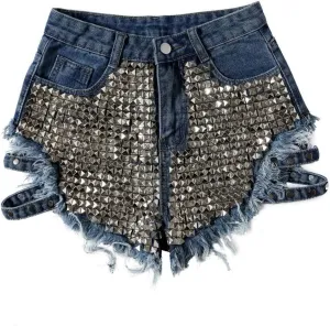 Jean Shorts Womens Fashion Cut Off Tassel Rivet Ripped High Waisted Short Jeans Punk Sexy Denim Jorts with Pockets