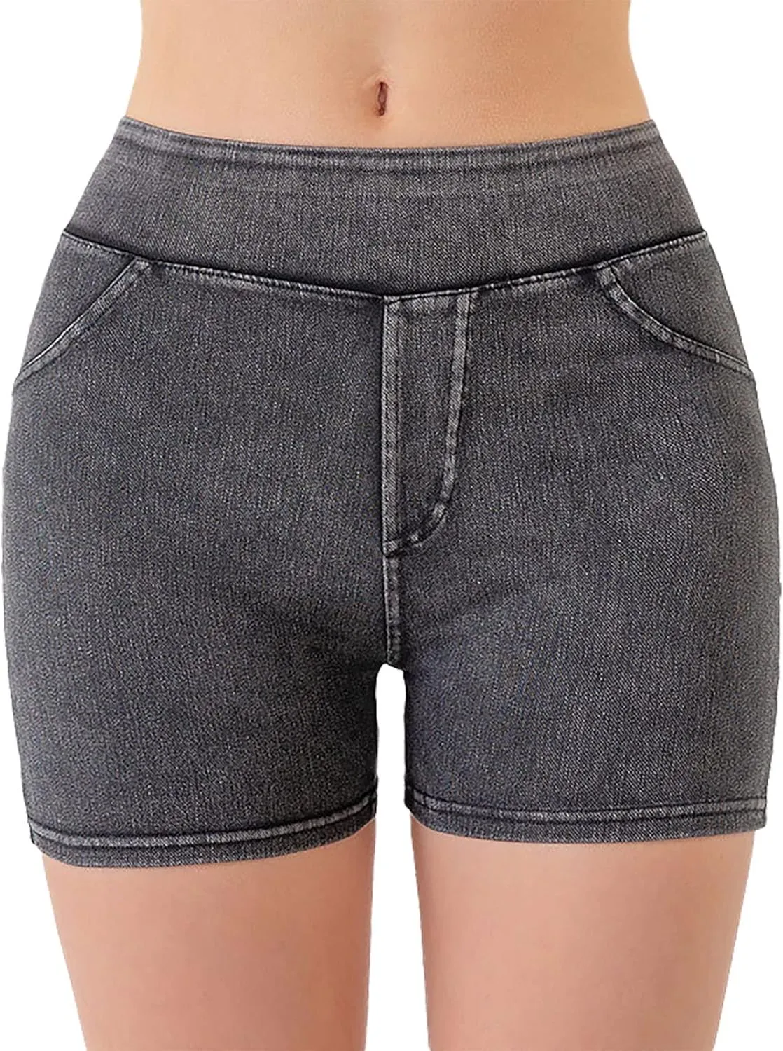 Jean Shorts Womens High Waisted Stretchy Tummy Control Denim Pull On Shorts Skinny Butt Lifting Jorts with Pockets