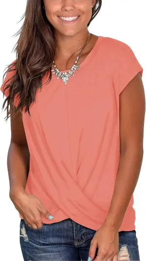 Jescakoo Women's Short Sleeve Round Neck T Shirt Front Twist Tunic Tops Casual Loose Fitted