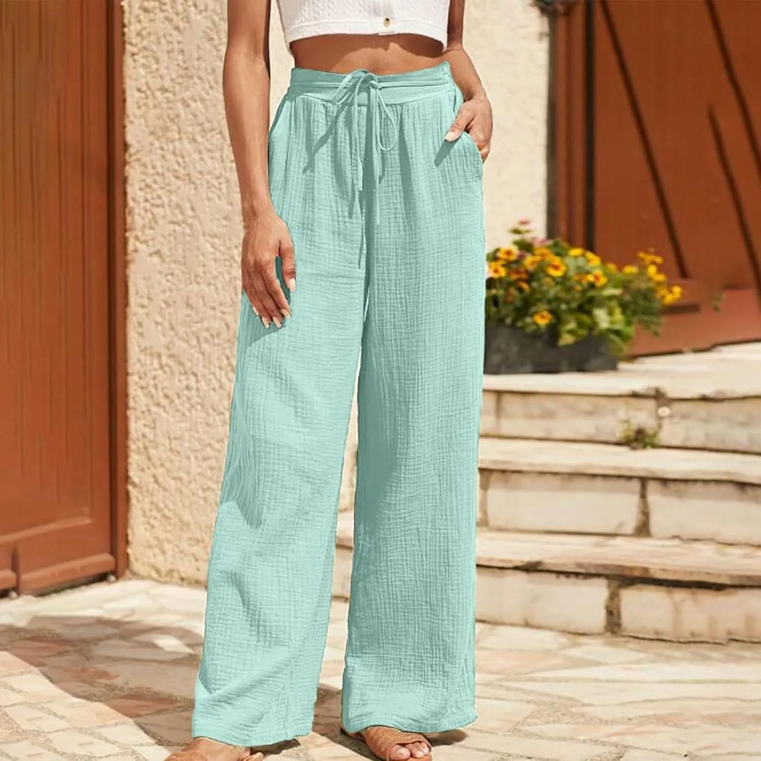 jsaierl Summer Wide Leg High Waist Pants for Women Ribbed Flowy Drawstring Vacation Trousers Boho Casual Beach Palazzo Pants