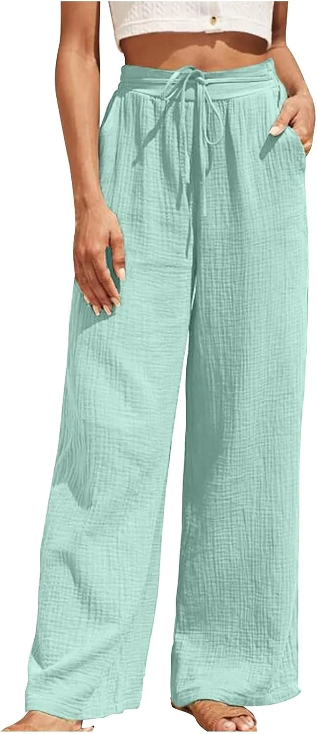 jsaierl Summer Wide Leg High Waist Pants for Women Ribbed Flowy Drawstring Vacation Trousers Boho Casual Beach Palazzo Pants
