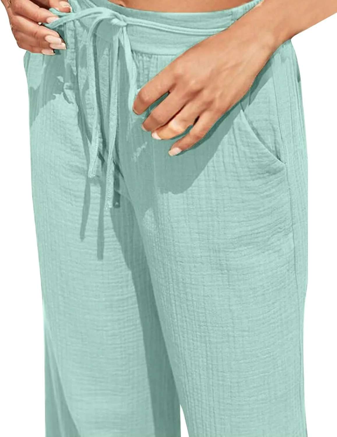 jsaierl Summer Wide Leg High Waist Pants for Women Ribbed Flowy Drawstring Vacation Trousers Boho Casual Beach Palazzo Pants