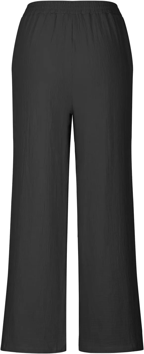 jsaierl Summer Wide Leg High Waist Pants for Women Ribbed Flowy Drawstring Vacation Trousers Boho Casual Beach Palazzo Pants
