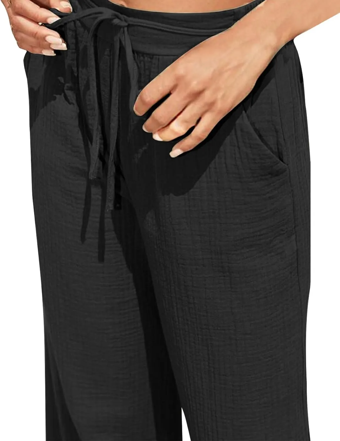 jsaierl Summer Wide Leg High Waist Pants for Women Ribbed Flowy Drawstring Vacation Trousers Boho Casual Beach Palazzo Pants