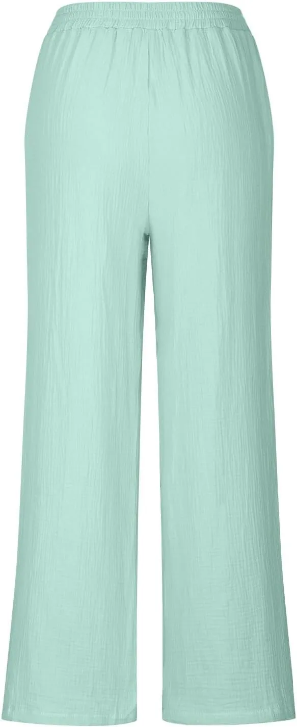 jsaierl Summer Wide Leg High Waist Pants for Women Ribbed Flowy Drawstring Vacation Trousers Boho Casual Beach Palazzo Pants