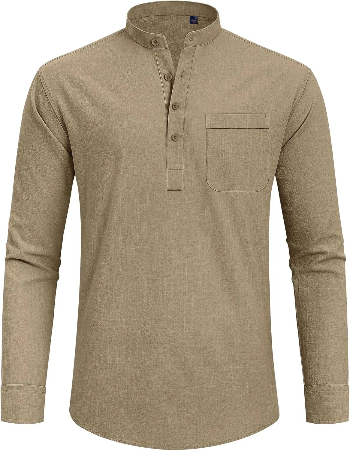 J.VER Men's Linen Roll Up Long Sleeve Shirt Cotton Casual Beach Shirts Henley T-Shirt Band Collar Vacation Tops with Pocket
