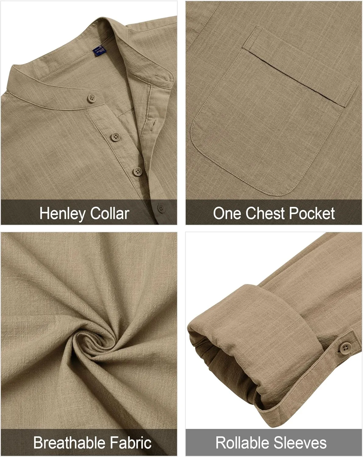 J.VER Men's Linen Roll Up Long Sleeve Shirt Cotton Casual Beach Shirts Henley T-Shirt Band Collar Vacation Tops with Pocket