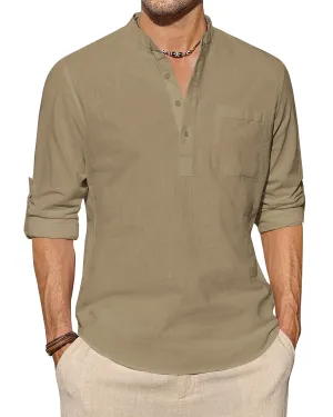 J.VER Men's Linen Roll Up Long Sleeve Shirt Cotton Casual Beach Shirts Henley T-Shirt Band Collar Vacation Tops with Pocket