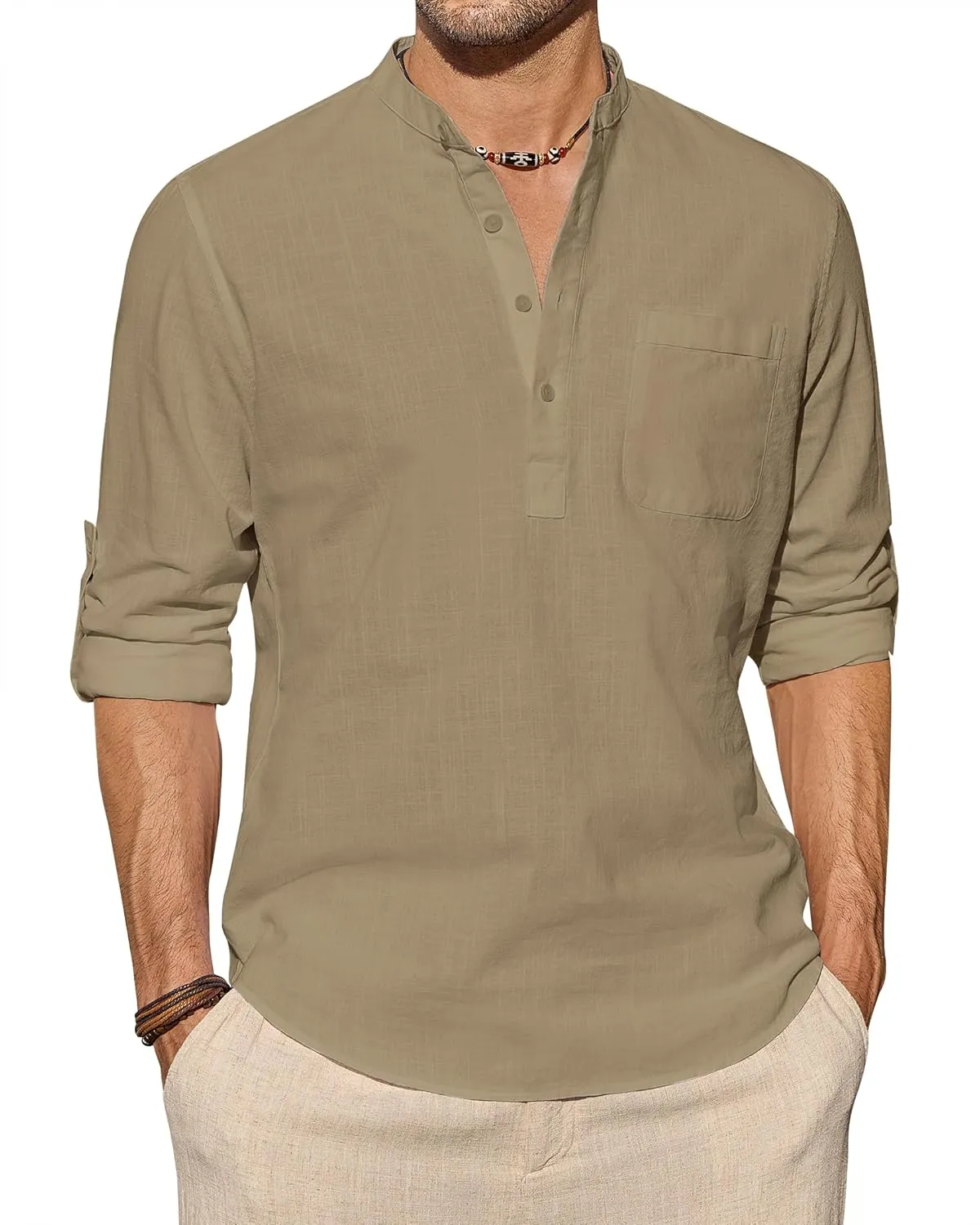J.VER Men's Linen Roll Up Long Sleeve Shirt Cotton Casual Beach Shirts Henley T-Shirt Band Collar Vacation Tops with Pocket
