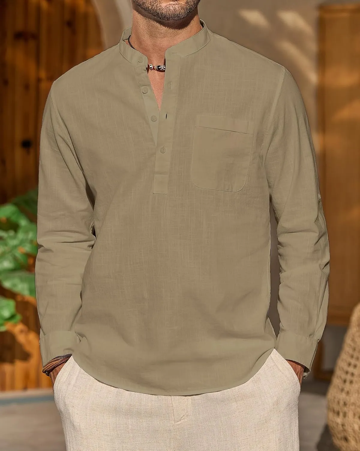 J.VER Men's Linen Roll Up Long Sleeve Shirt Cotton Casual Beach Shirts Henley T-Shirt Band Collar Vacation Tops with Pocket