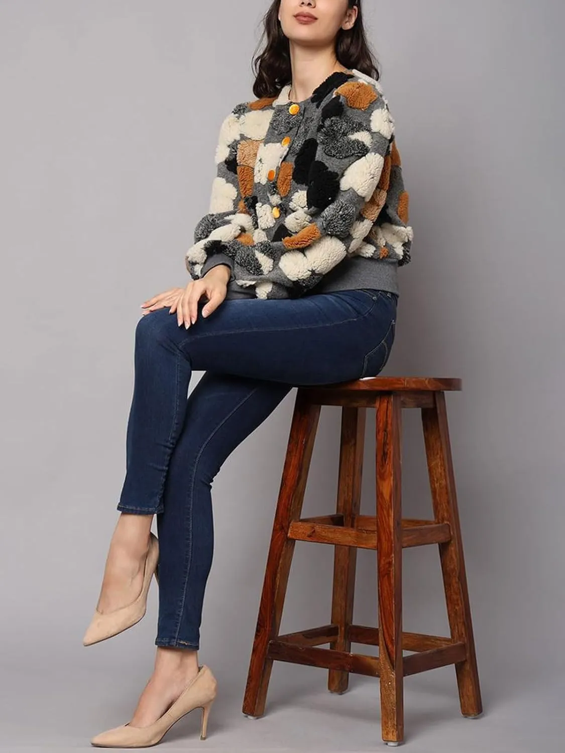 KANSOON Wool Coats for Women Floral Puff Sleeve Single Breasted Short Fall Winter Jacket