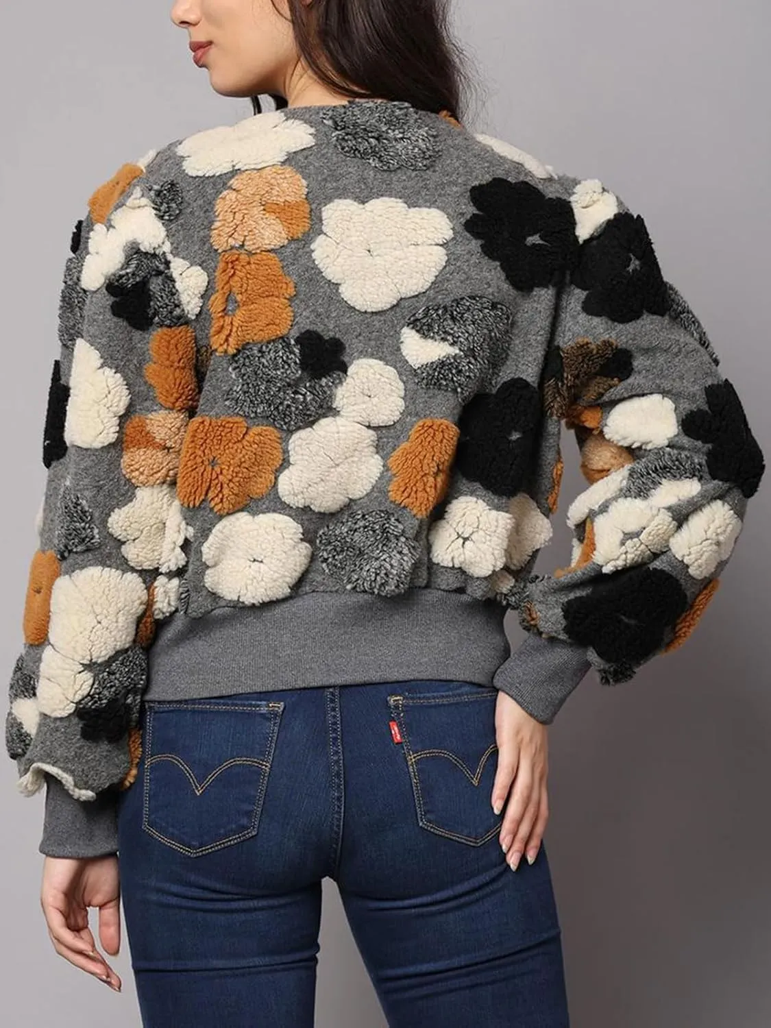 KANSOON Wool Coats for Women Floral Puff Sleeve Single Breasted Short Fall Winter Jacket