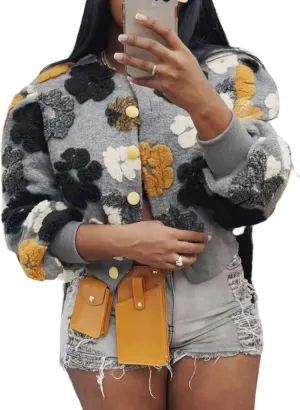 KANSOON Wool Coats for Women Floral Puff Sleeve Single Breasted Short Fall Winter Jacket
