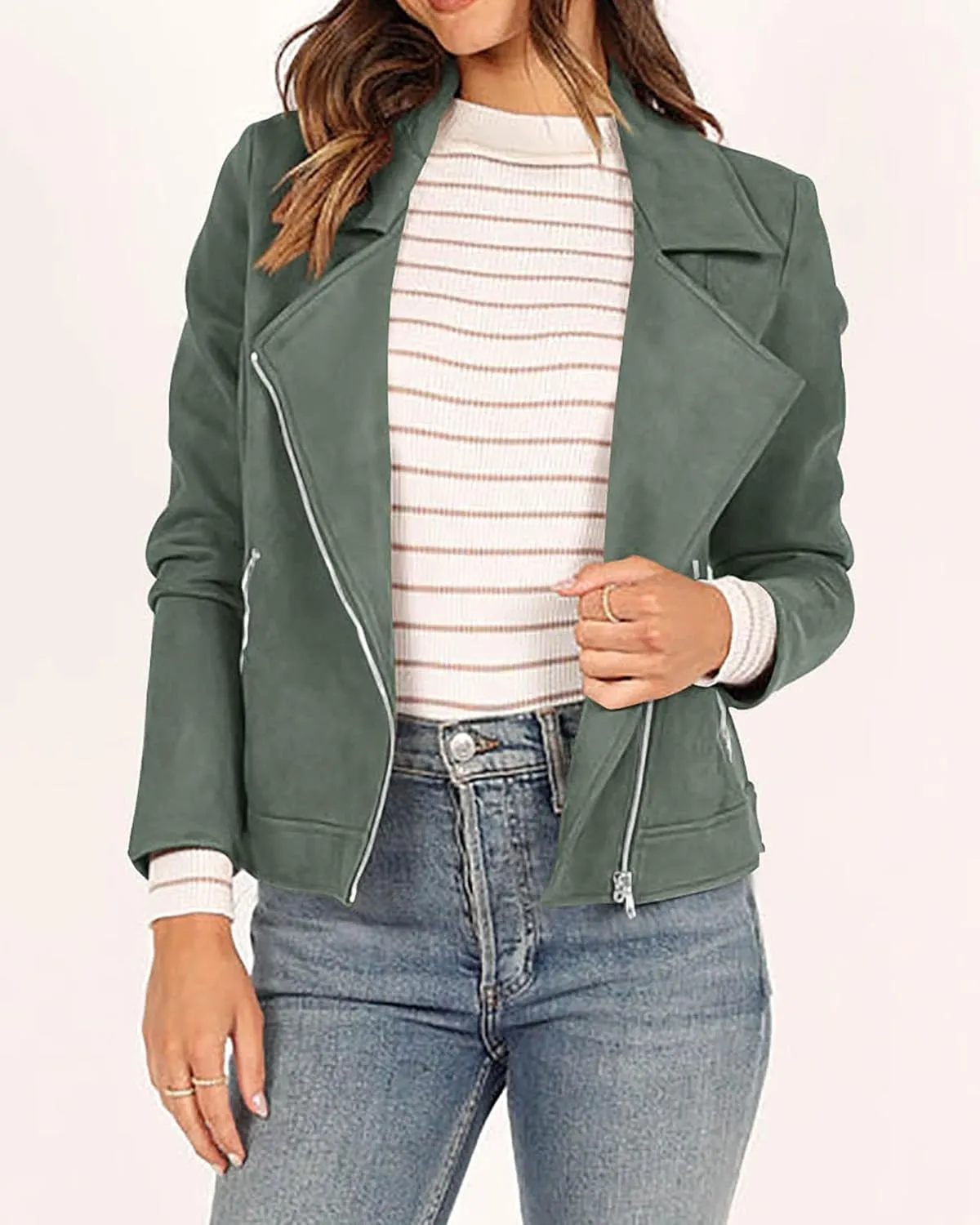 KIRUNDO Womens Faux Suede Jacket 2024 Fall Winter Clothes Casual Zipper Cropped Coat Bomber Biker Moto Jackets Outwear