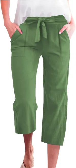 Kubbon Womens Capri Pants Cotton Linen Summer Straight Leg Pants Tie Knot High Waist Pant Cropped Trousers with Pockets