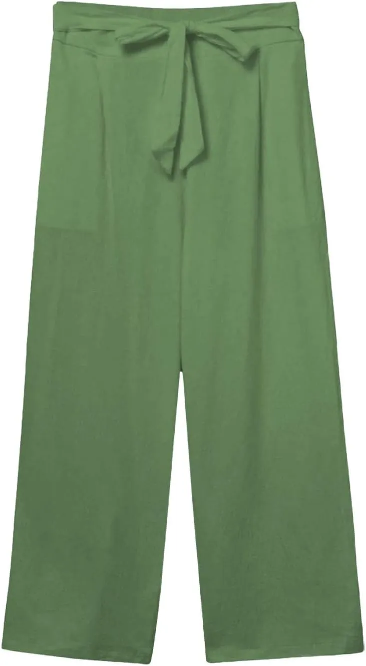 Kubbon Womens Capri Pants Cotton Linen Summer Straight Leg Pants Tie Knot High Waist Pant Cropped Trousers with Pockets