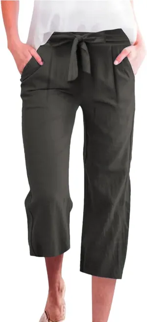 Kubbon Womens Capri Pants Cotton Linen Summer Straight Leg Pants Tie Knot High Waist Pant Cropped Trousers with Pockets