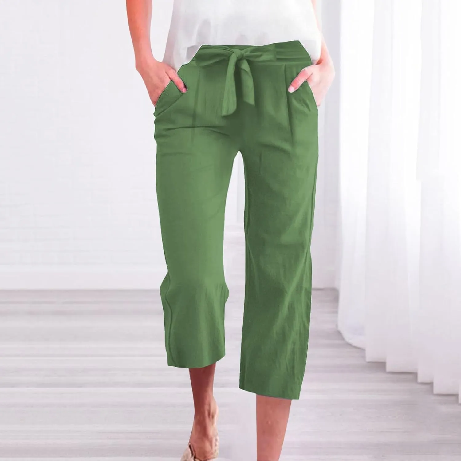 Kubbon Womens Capri Pants Cotton Linen Summer Straight Leg Pants Tie Knot High Waist Pant Cropped Trousers with Pockets