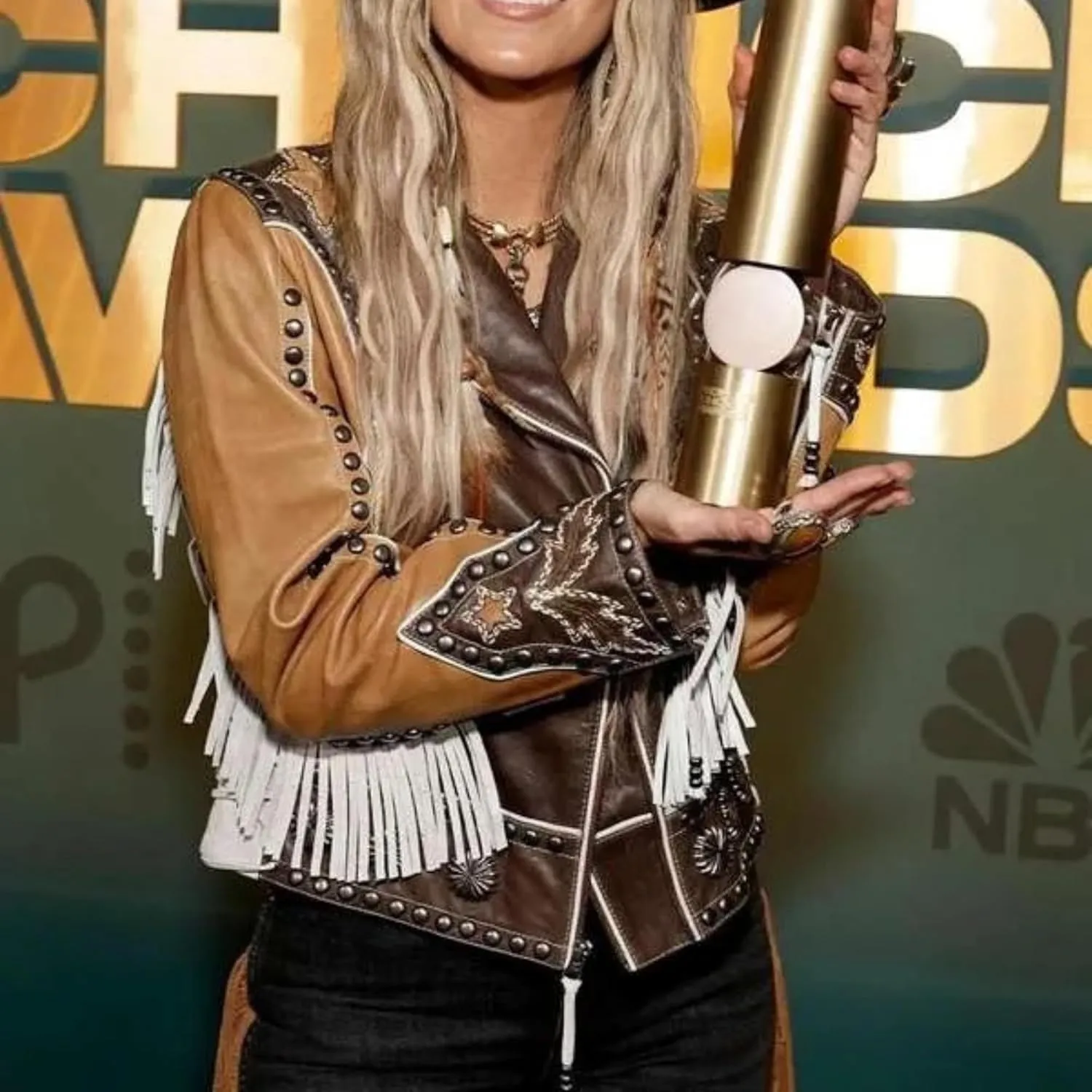 Lainey Rockstar Peoples Choice Awards 2024 Fringe Wilson Brown Genuine Leather Jacket