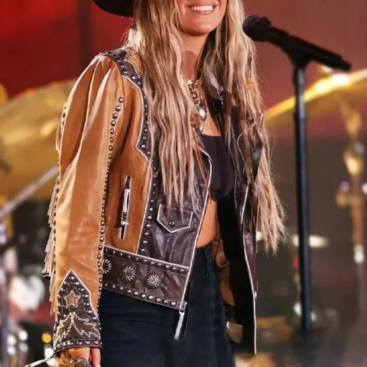 Lainey Rockstar Peoples Choice Awards 2024 Fringe Wilson Brown Genuine Leather Jacket