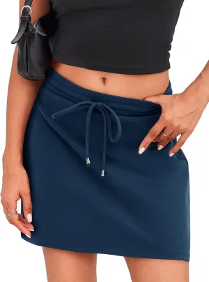 LAVASEON Womens Casual Mini Skirts Drawstring Summer Elastic High Waist Skorts Workout Pencil Bodycon Skirt with Short