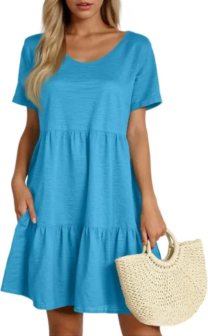 lcyhony Summer Dresses for Women 2025 Vacation Beach Short Sleeve Tshirt Dress Y2k Loose fit Scoop Neck Tiered Mini Sundress