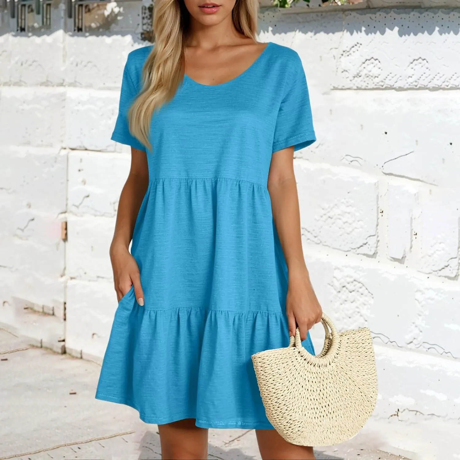 lcyhony Summer Dresses for Women 2025 Vacation Beach Short Sleeve Tshirt Dress Y2k Loose fit Scoop Neck Tiered Mini Sundress