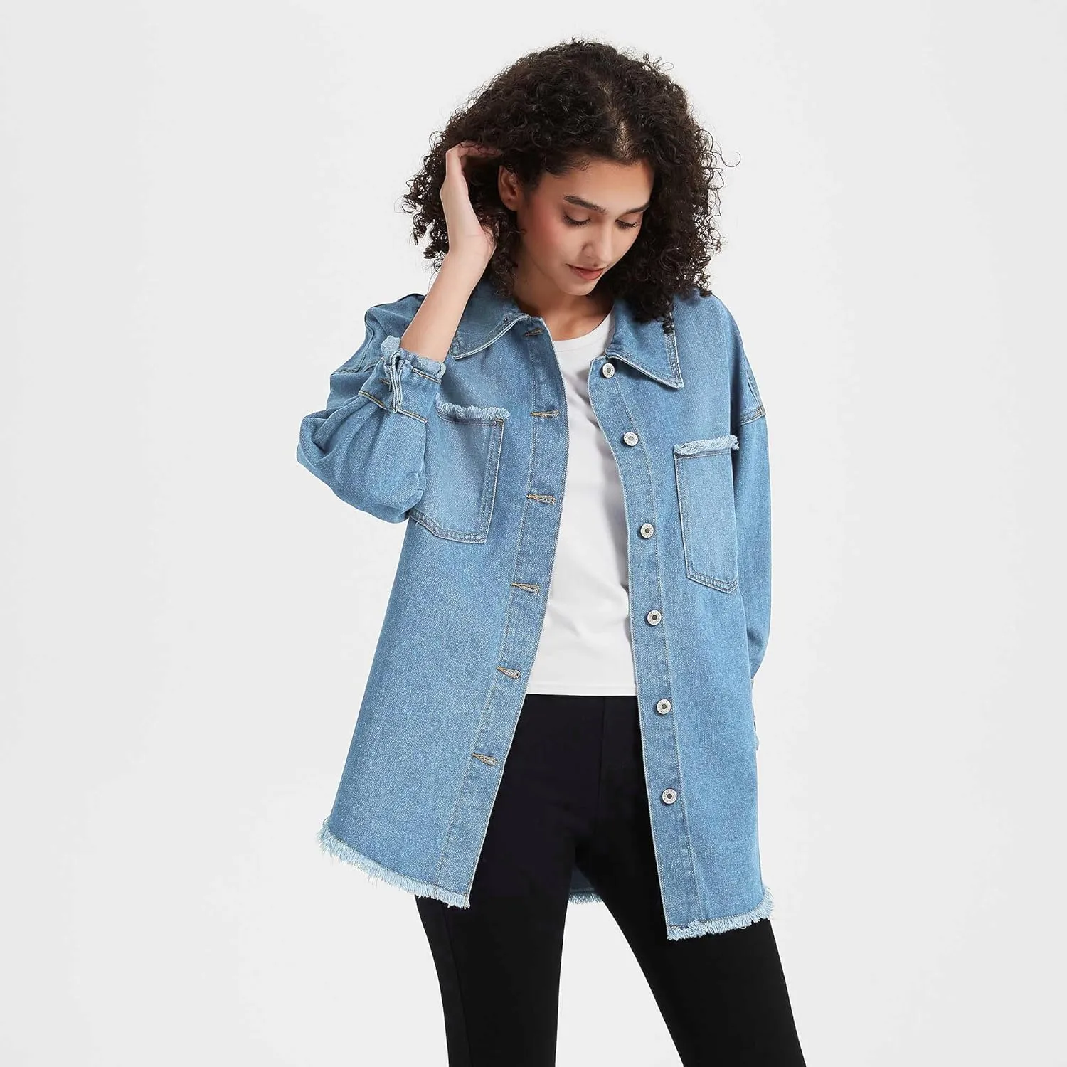 LifeShe Women's Oversized Denim Shacket Jacket Casual Long Boyfriend Jean Jackets Coat Autumn Spring