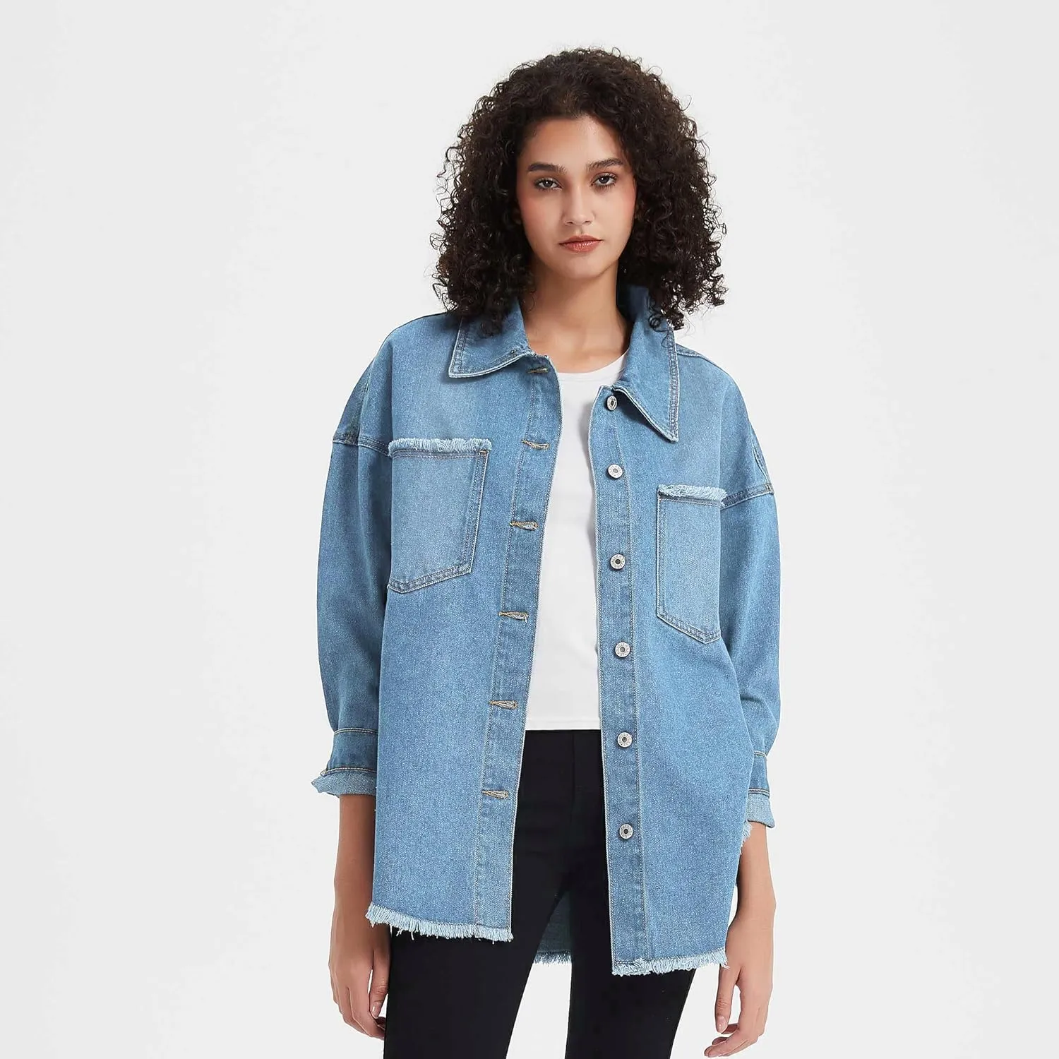 LifeShe Women's Oversized Denim Shacket Jacket Casual Long Boyfriend Jean Jackets Coat Autumn Spring