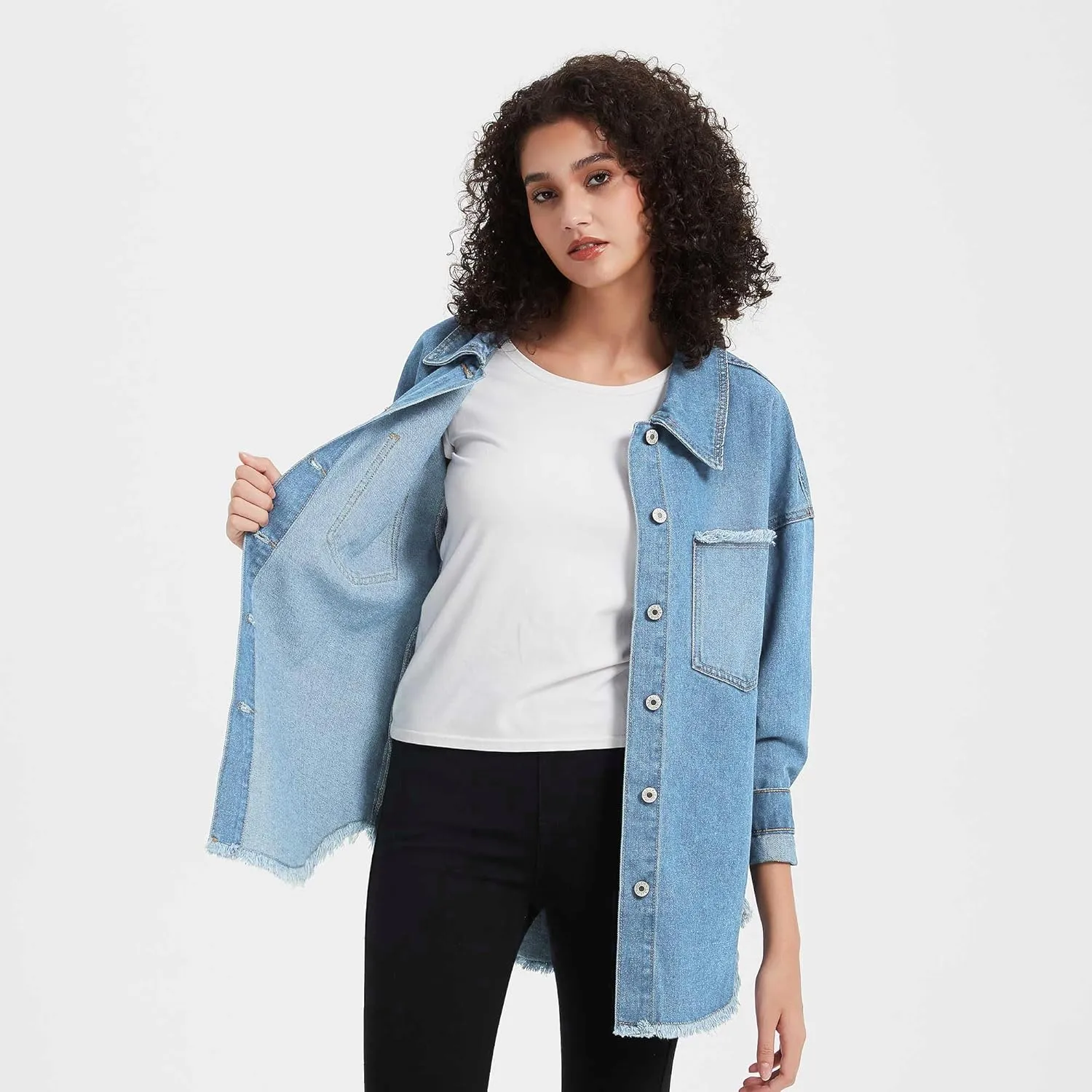 LifeShe Women's Oversized Denim Shacket Jacket Casual Long Boyfriend Jean Jackets Coat Autumn Spring