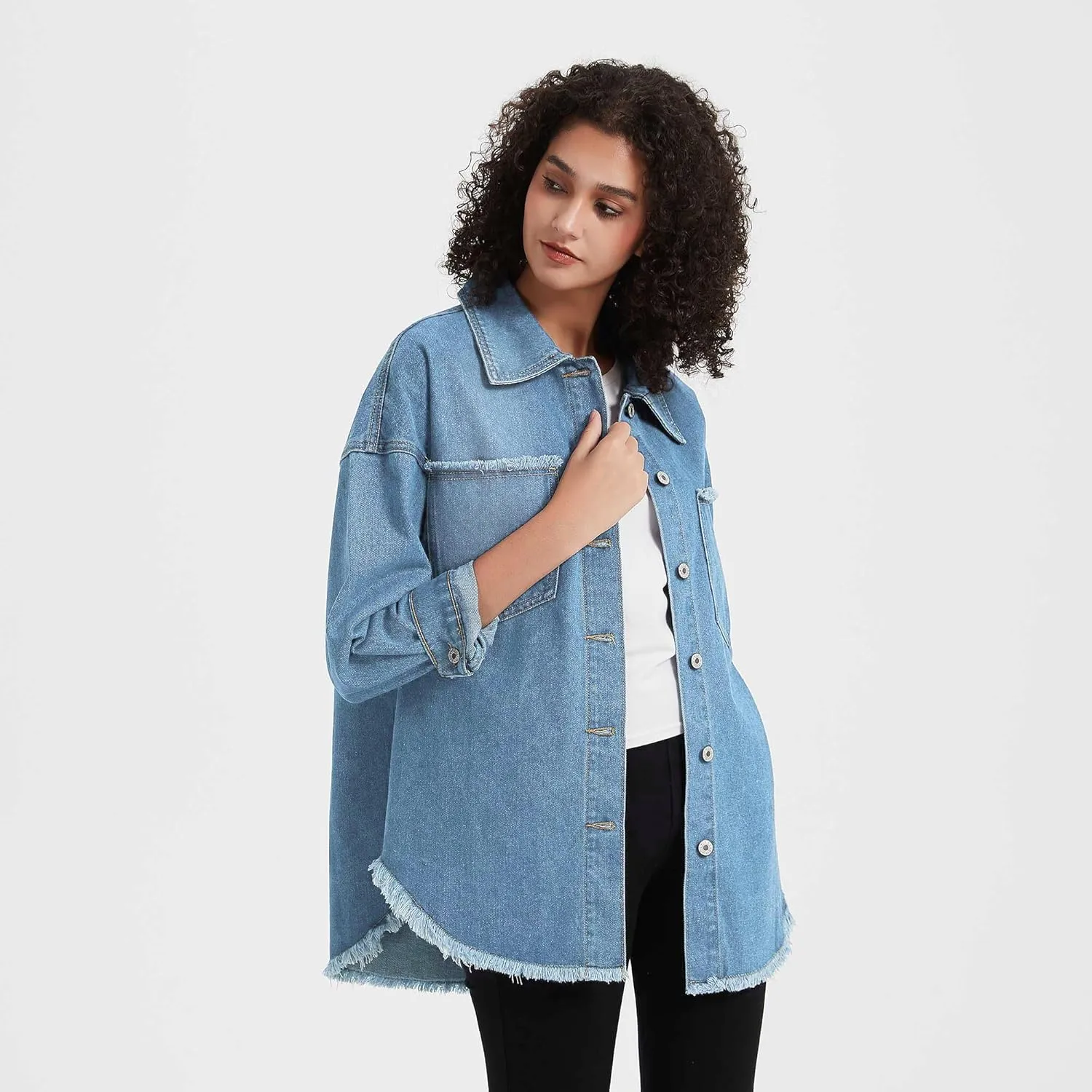 LifeShe Women's Oversized Denim Shacket Jacket Casual Long Boyfriend Jean Jackets Coat Autumn Spring