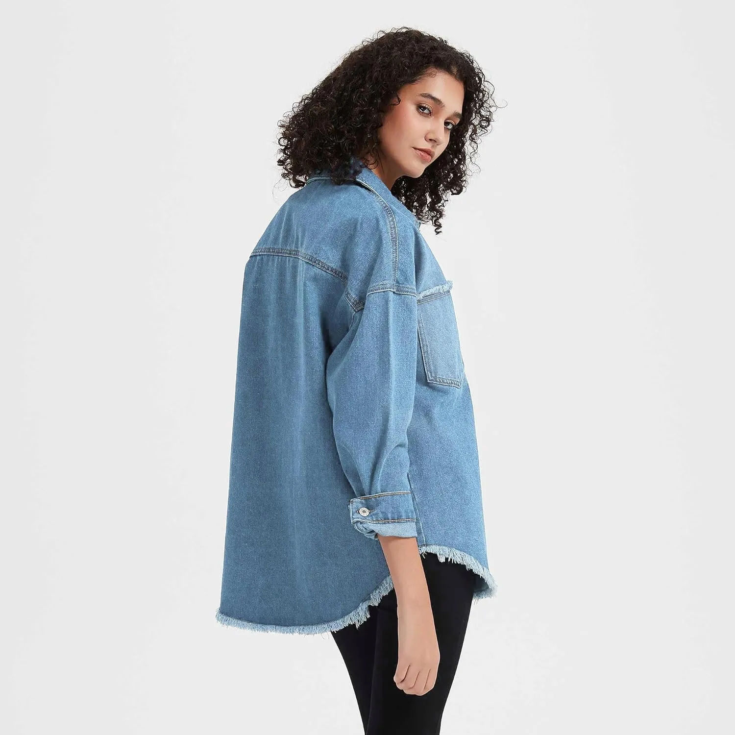 LifeShe Women's Oversized Denim Shacket Jacket Casual Long Boyfriend Jean Jackets Coat Autumn Spring
