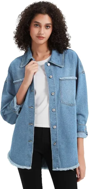 LifeShe Women's Oversized Denim Shacket Jacket Casual Long Boyfriend Jean Jackets Coat Autumn Spring