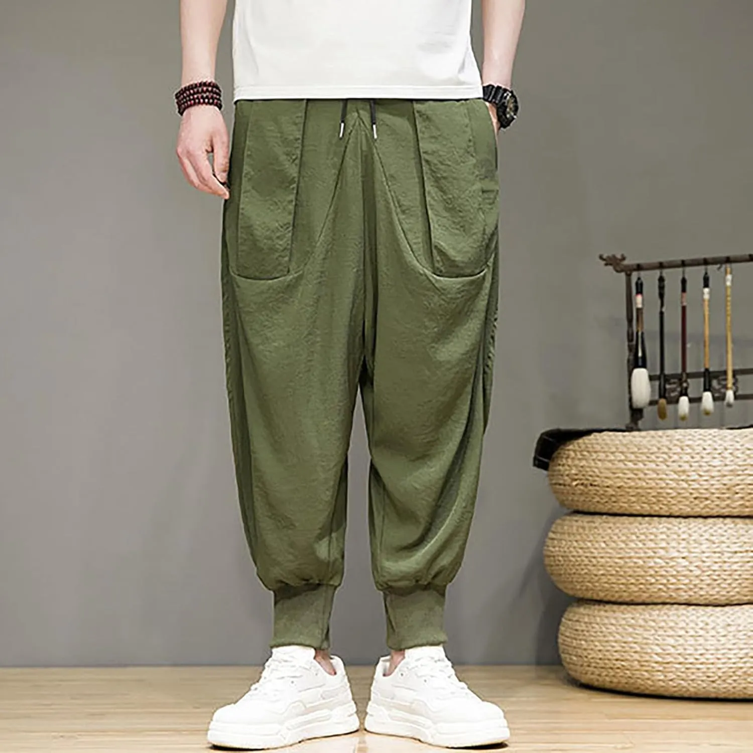 Linen Cotton Wide Leg Harem Pants for Men Retro Hip Hop Pockets Trousers with Drawstrings Loose Comfy Casual Pajama Pants
