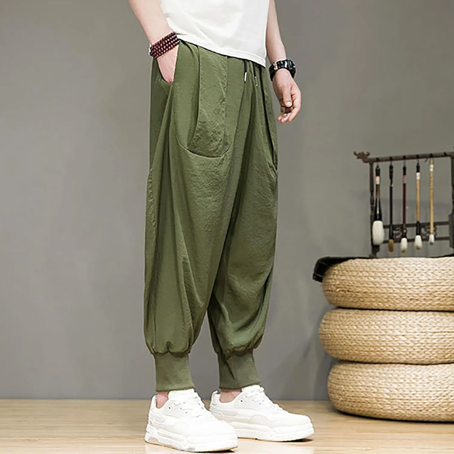 Linen Cotton Wide Leg Harem Pants for Men Retro Hip Hop Pockets Trousers with Drawstrings Loose Comfy Casual Pajama Pants