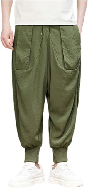 Linen Cotton Wide Leg Harem Pants for Men Retro Hip Hop Pockets Trousers with Drawstrings Loose Comfy Casual Pajama Pants