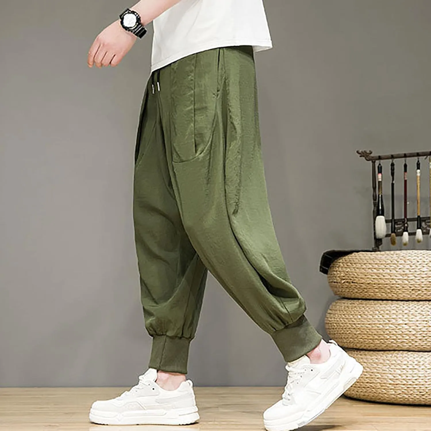 Linen Cotton Wide Leg Harem Pants for Men Retro Hip Hop Pockets Trousers with Drawstrings Loose Comfy Casual Pajama Pants