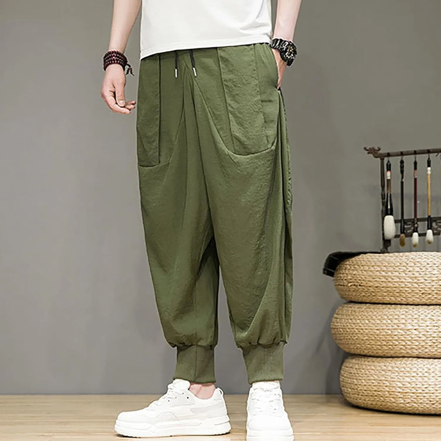 Linen Cotton Wide Leg Harem Pants for Men Retro Hip Hop Pockets Trousers with Drawstrings Loose Comfy Casual Pajama Pants