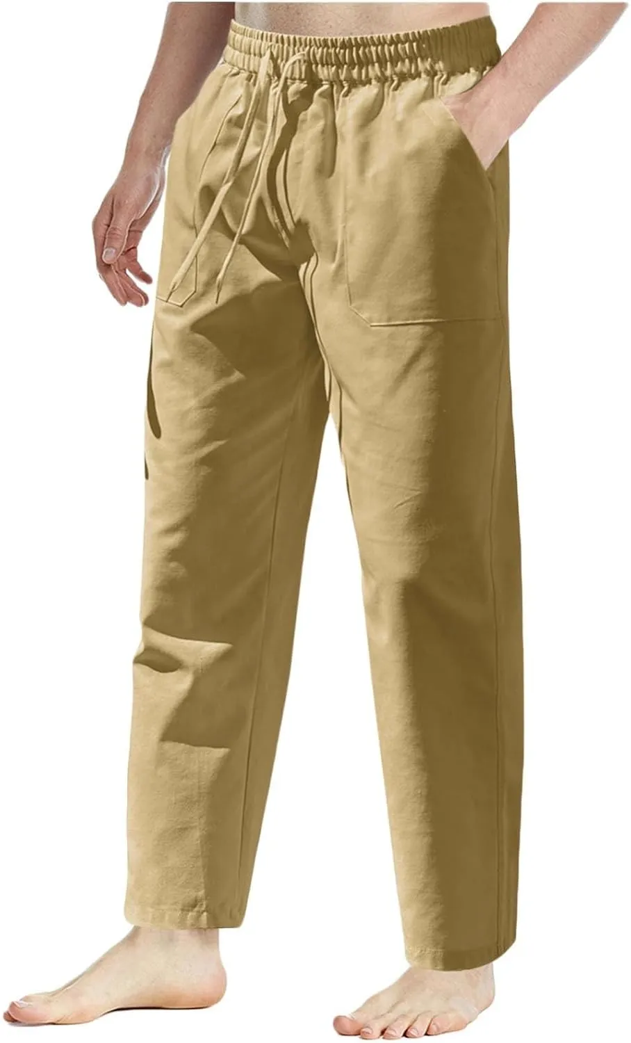 Linen Pants Men Drawstring Elastic Waist Beach Pants Baggy Summer Pants Lightweight Linen Trousers with Pockets