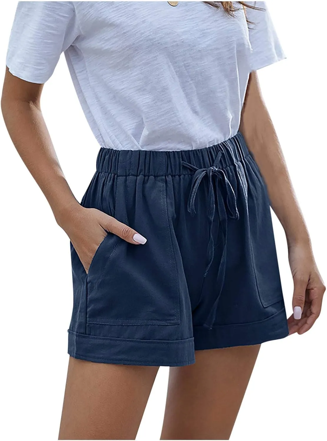 Linen Shorts for Women Plus Size Casual Loose Elastic Drawstring Summer Beach Bermuda Shorts with Pocket