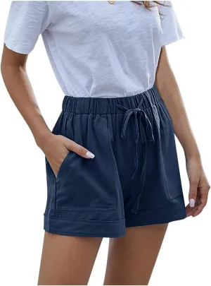Linen Shorts for Women Plus Size Casual Loose Elastic Drawstring Summer Beach Bermuda Shorts with Pocket
