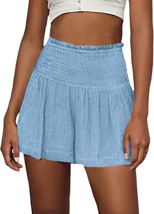 Linen Shorts for Women Summer High Waisted Flowy Pleated Pull on Shorts Stylish Comfortable Lightweight Casual Short