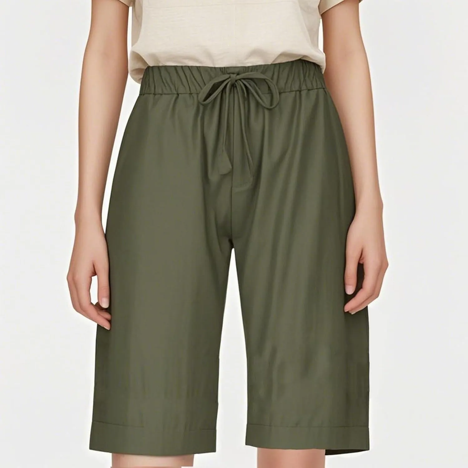 Linen Shorts for Women Trendy Summer Lightweight Long Shorts Drawstring High Waist Knee Length Beach Pants w/Pockets