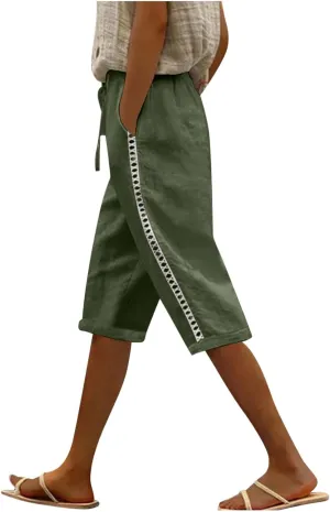 Linen Shorts for Women Trendy Summer Lightweight Long Shorts Drawstring High Waist Knee Length Beach Pants w/Pockets
