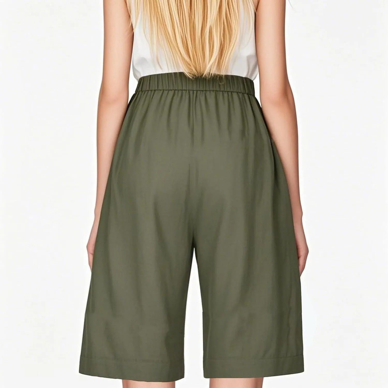 Linen Shorts for Women Trendy Summer Lightweight Long Shorts Drawstring High Waist Knee Length Beach Pants w/Pockets