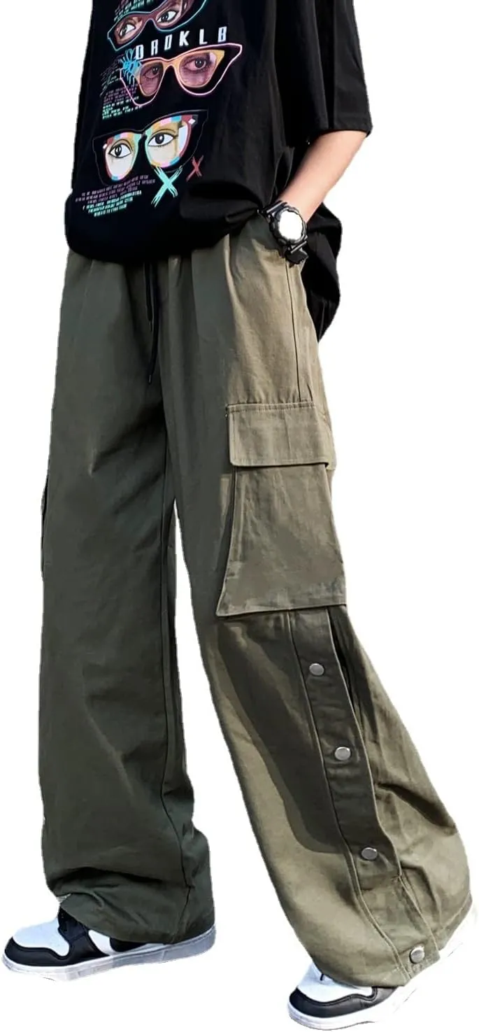 Linsennia Gothic Cargo Pants with Pockets for Men Women Girls Side Slit Baggy Streetwear Y2K Pants