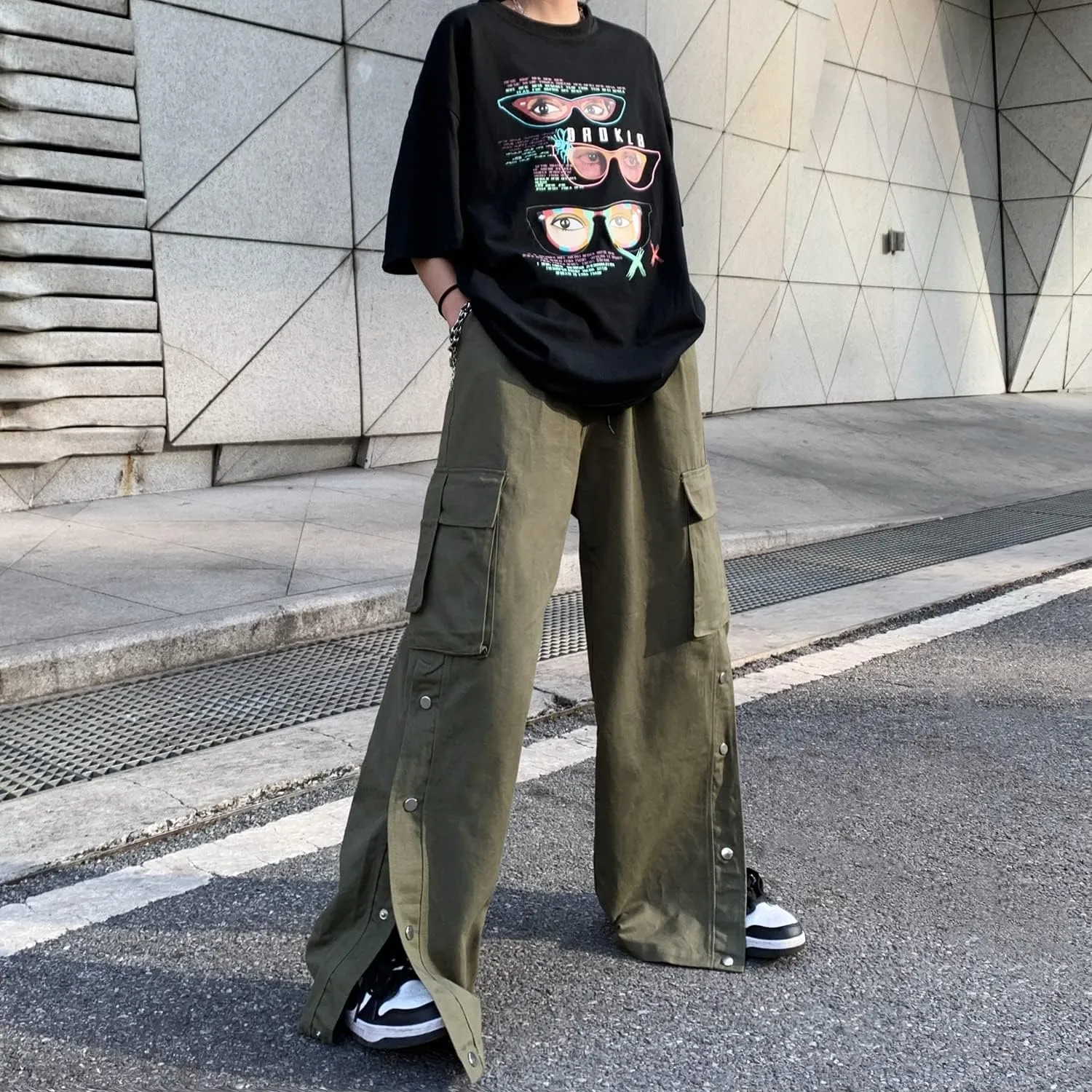 Linsennia Gothic Cargo Pants with Pockets for Men Women Girls Side Slit Baggy Streetwear Y2K Pants