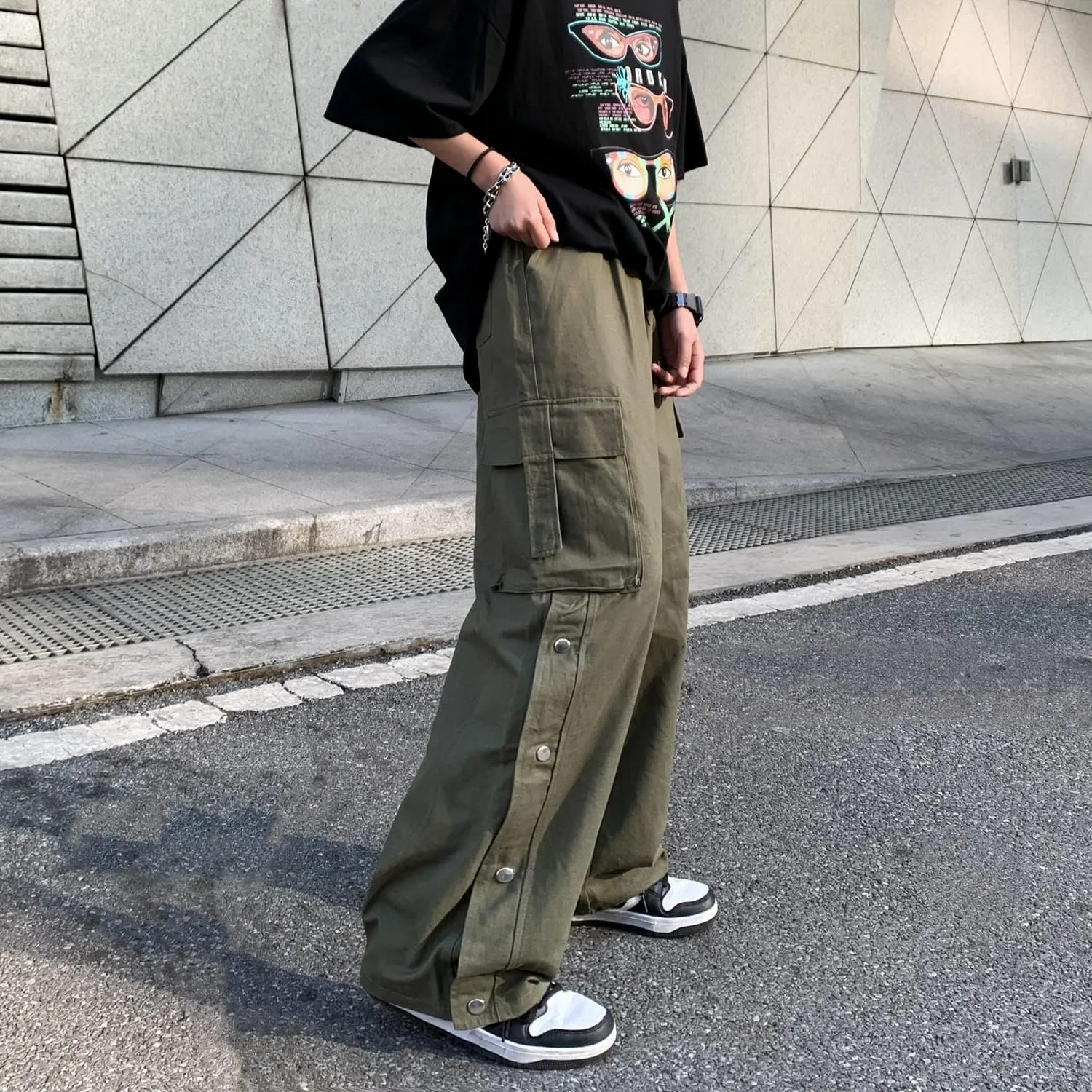 Linsennia Gothic Cargo Pants with Pockets for Men Women Girls Side Slit Baggy Streetwear Y2K Pants