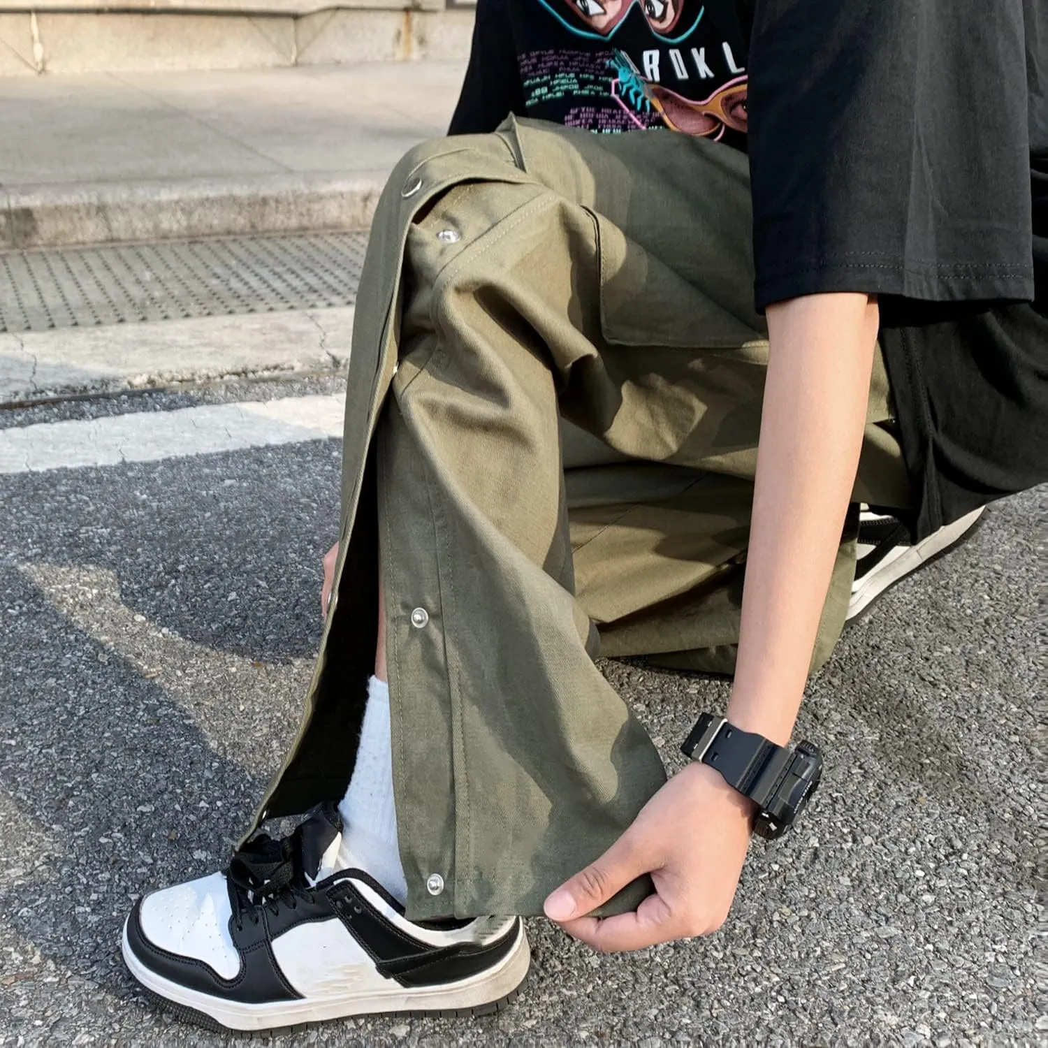 Linsennia Gothic Cargo Pants with Pockets for Men Women Girls Side Slit Baggy Streetwear Y2K Pants
